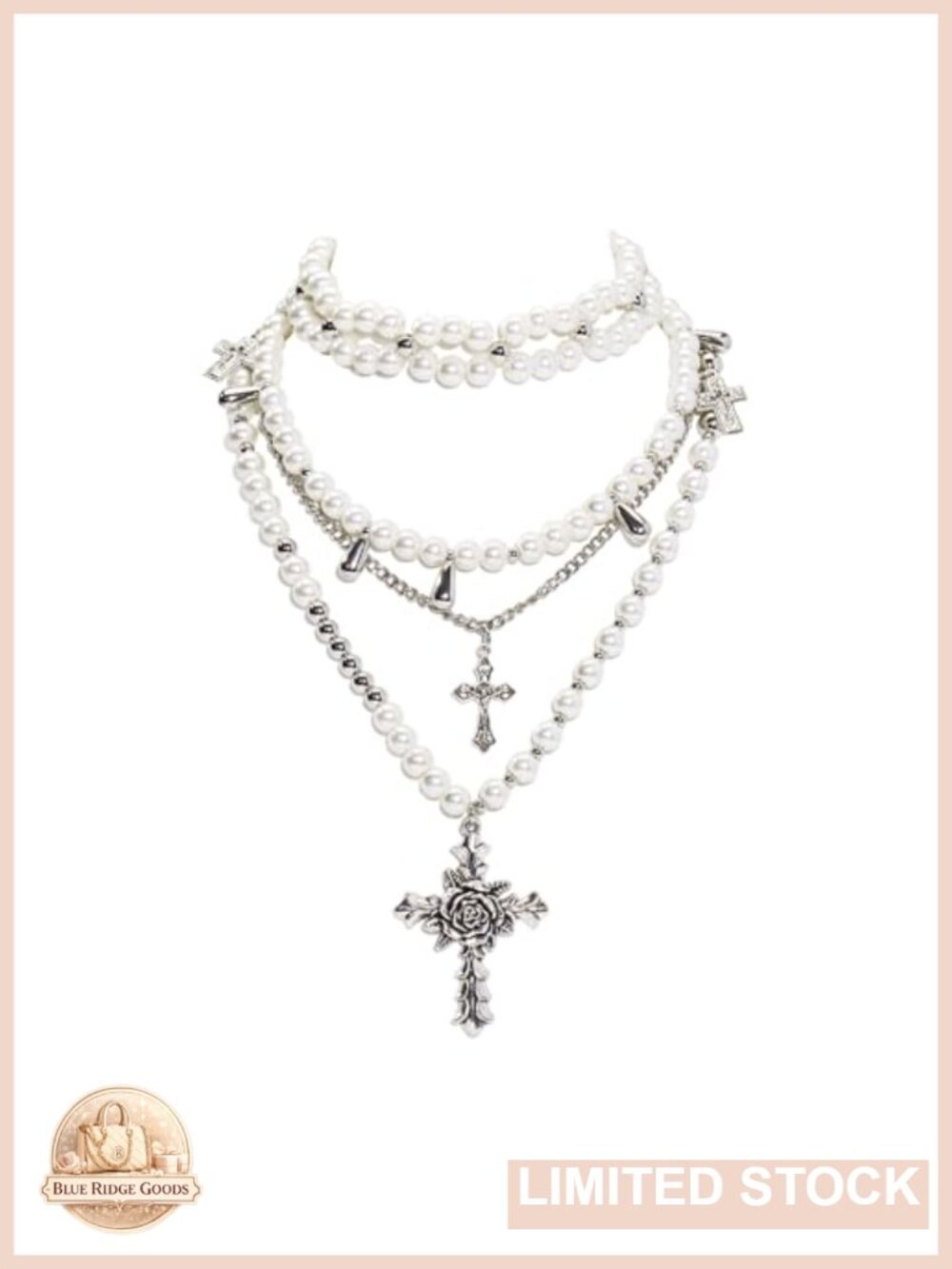 Gothic Cross Layered Faux Pearl Necklace Set Stacked Y2K Statement Jewelry